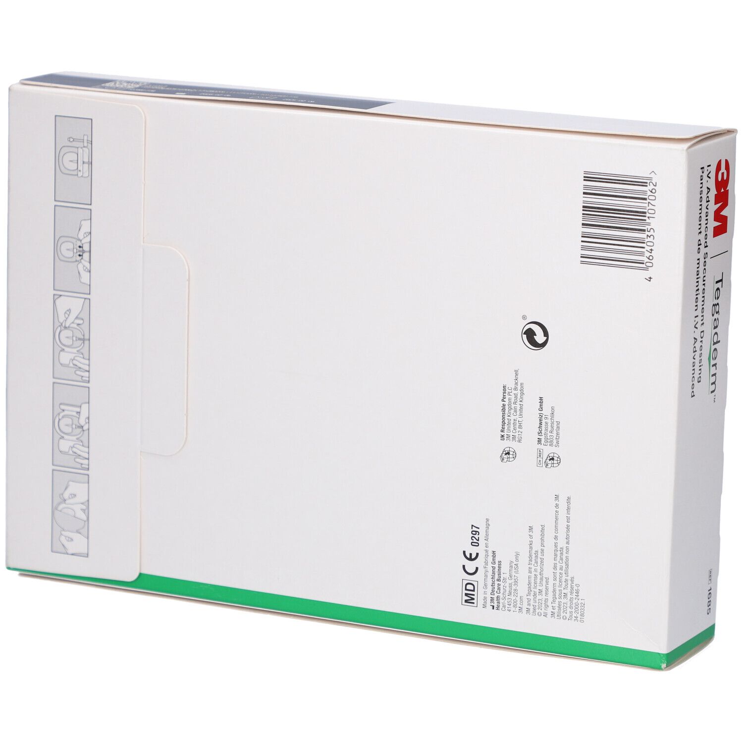 Achterkant van de 3M Tegaderm™ I.V. Advanced verpakking. Met pictogrammen en informatie.