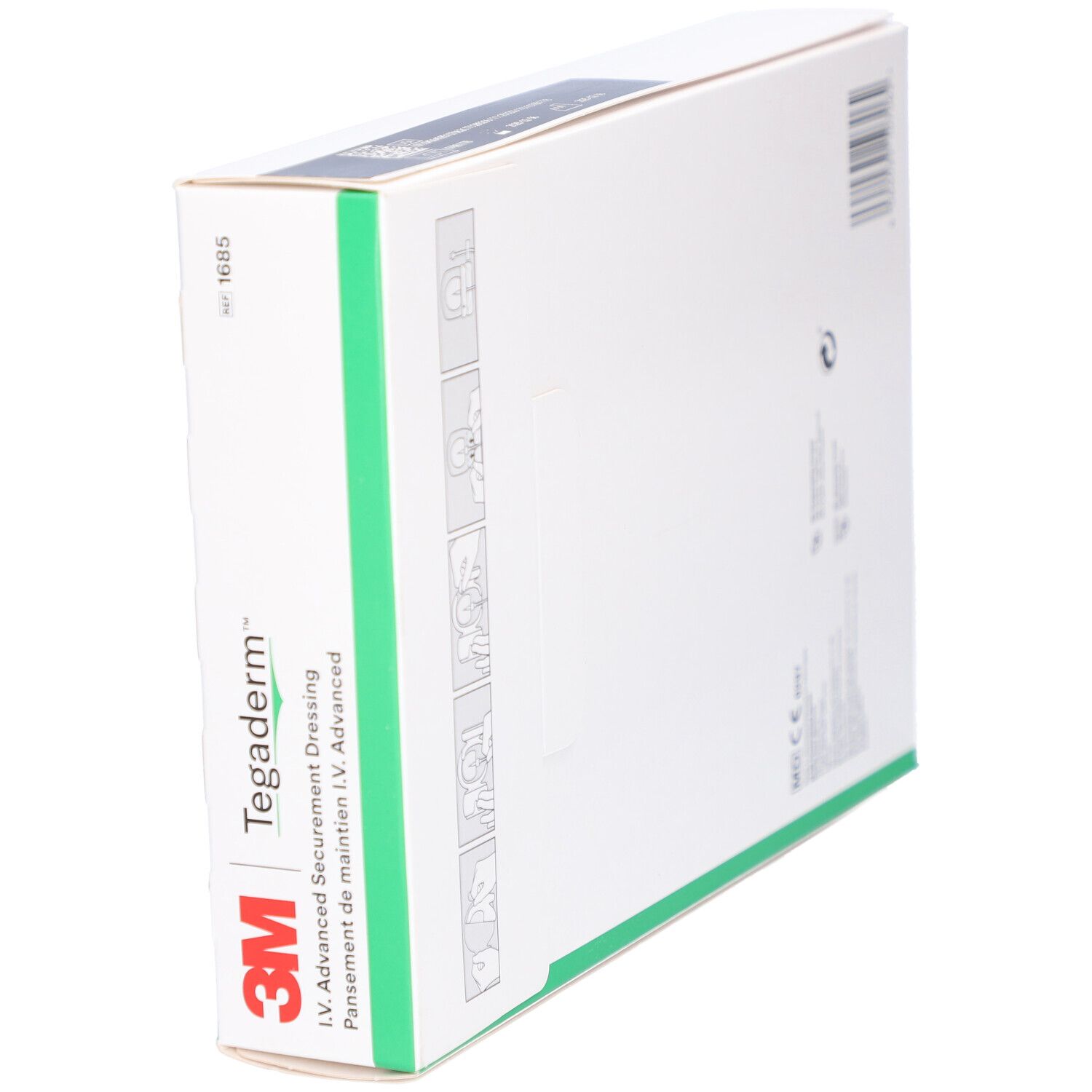3M Tegaderm™ I.V. Advanced verpakking, schuin. Met groene strepen en productnaam.