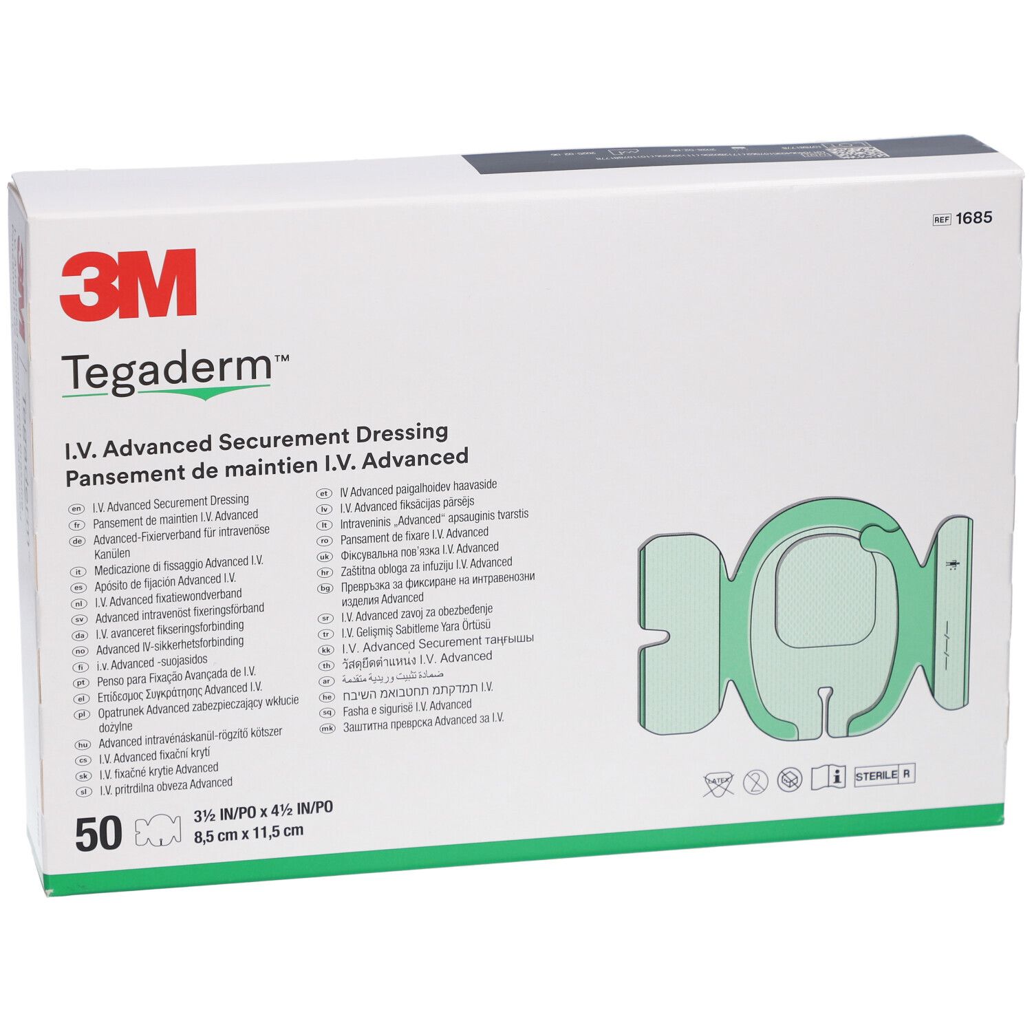 3M Tegaderm™ I.V. Advanced verpakking. Bevat 50 verbanden. Afmetingen: 8,5 x 11,5 cm, steriel.