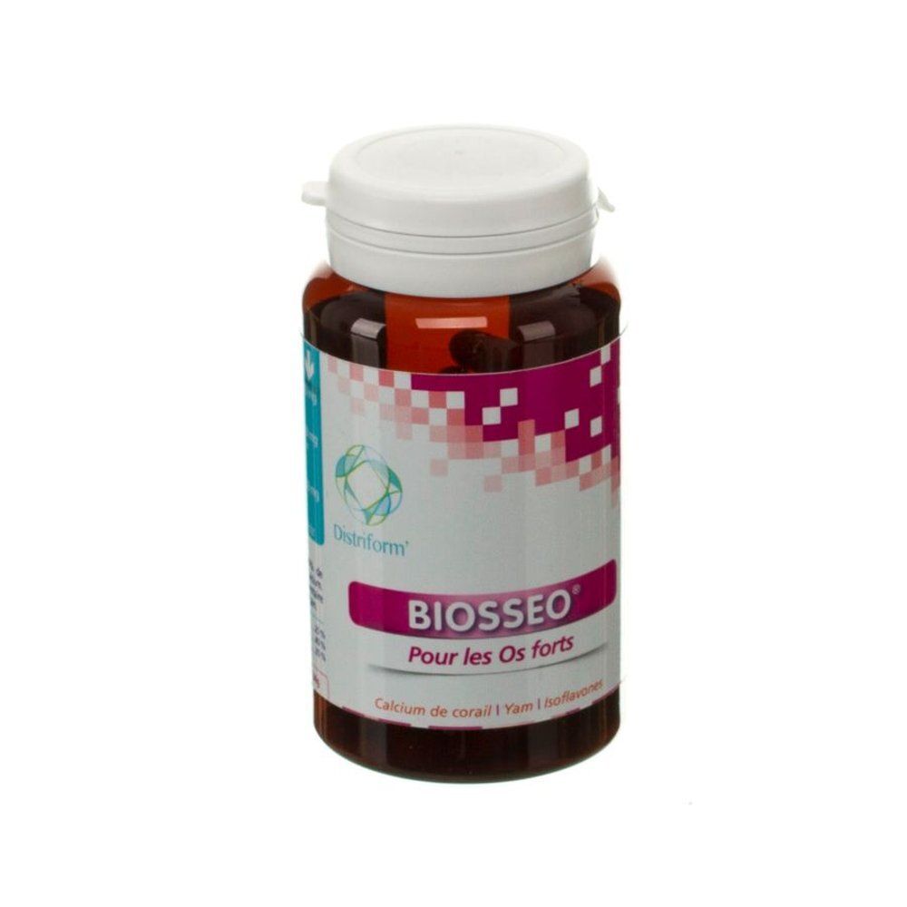 Bruine tablettenfles met witte dop. Opschrift: BIOSSEO, Pour les Os forts. Distriform logo.