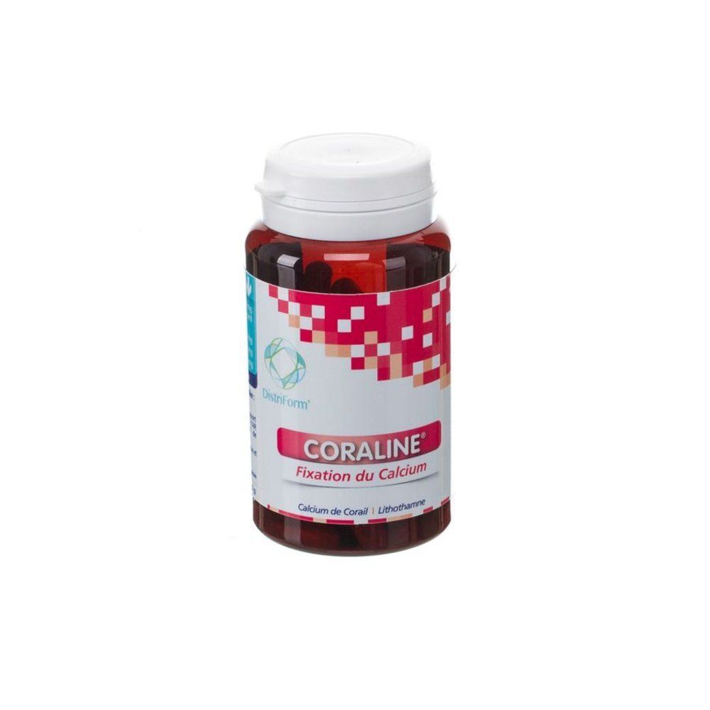 Transparante fles met bruine tabletten, witte dop. Etiket met tekst: CORALINE, Fixation du Calcium.