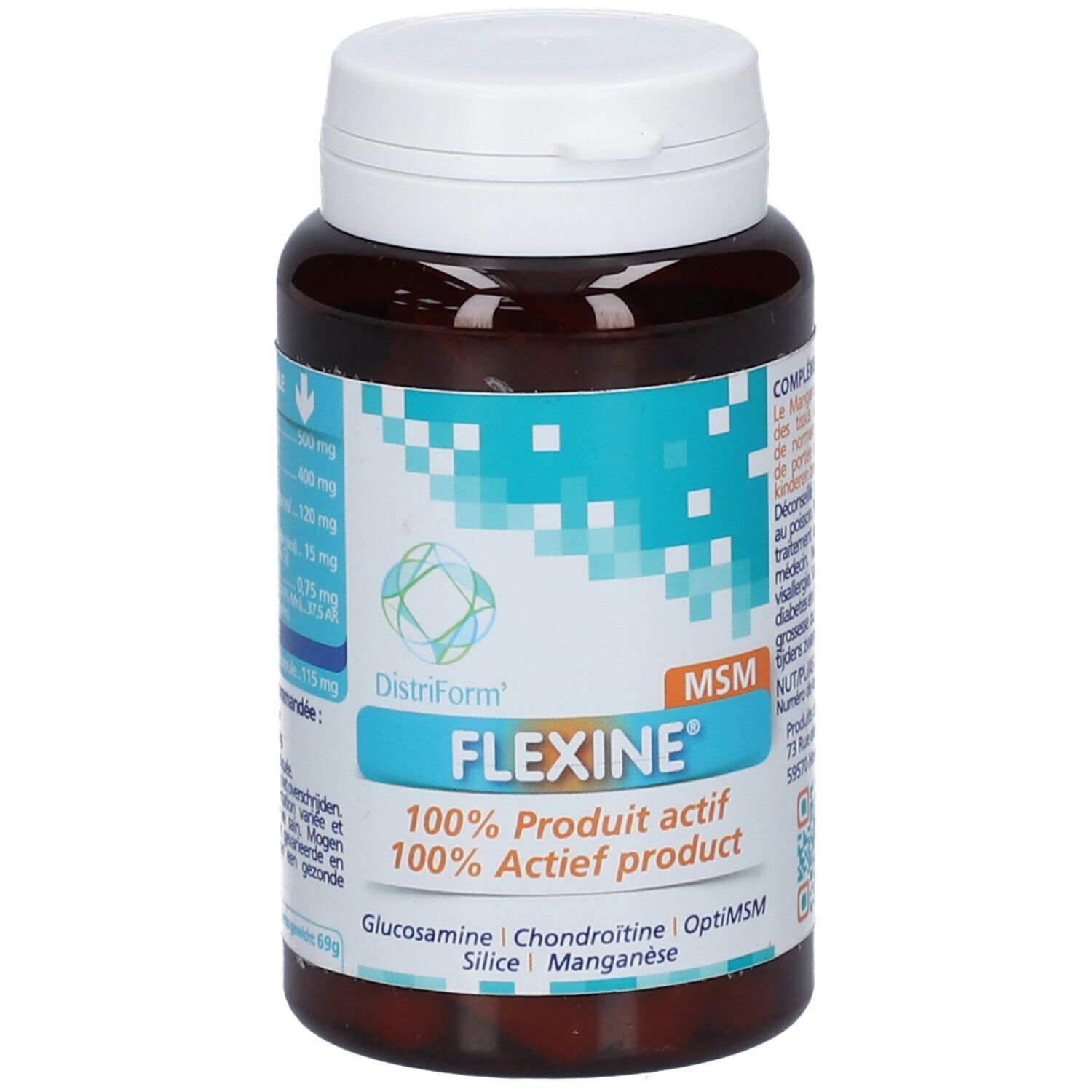 Bruine pillendoos met witte dop. Voorkant met productnaam FLEXINE, MSM en ingrediënten.