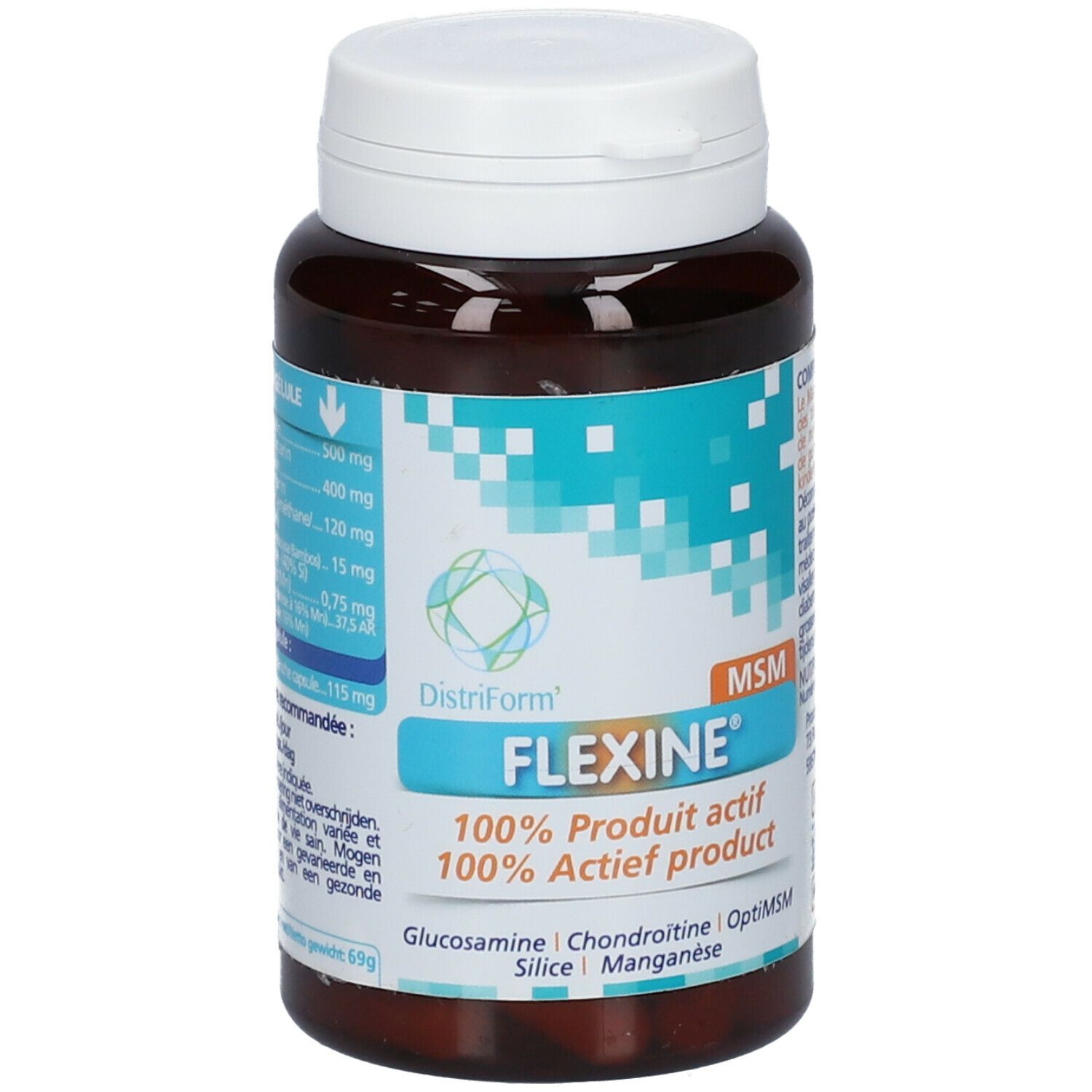 Bruine fles met witte dop. Opschrift FLEXINE®, ingrediënten: Glucosamine, Chondroïtine, OptiMSM, Silicium, Mangaan.