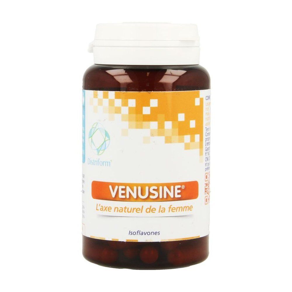 Flacon marron avec bouchon blanc. Étiquette avec texte: VENUSINE, L'axe naturel de la femme, Isoflavones. Logo Distripharm.