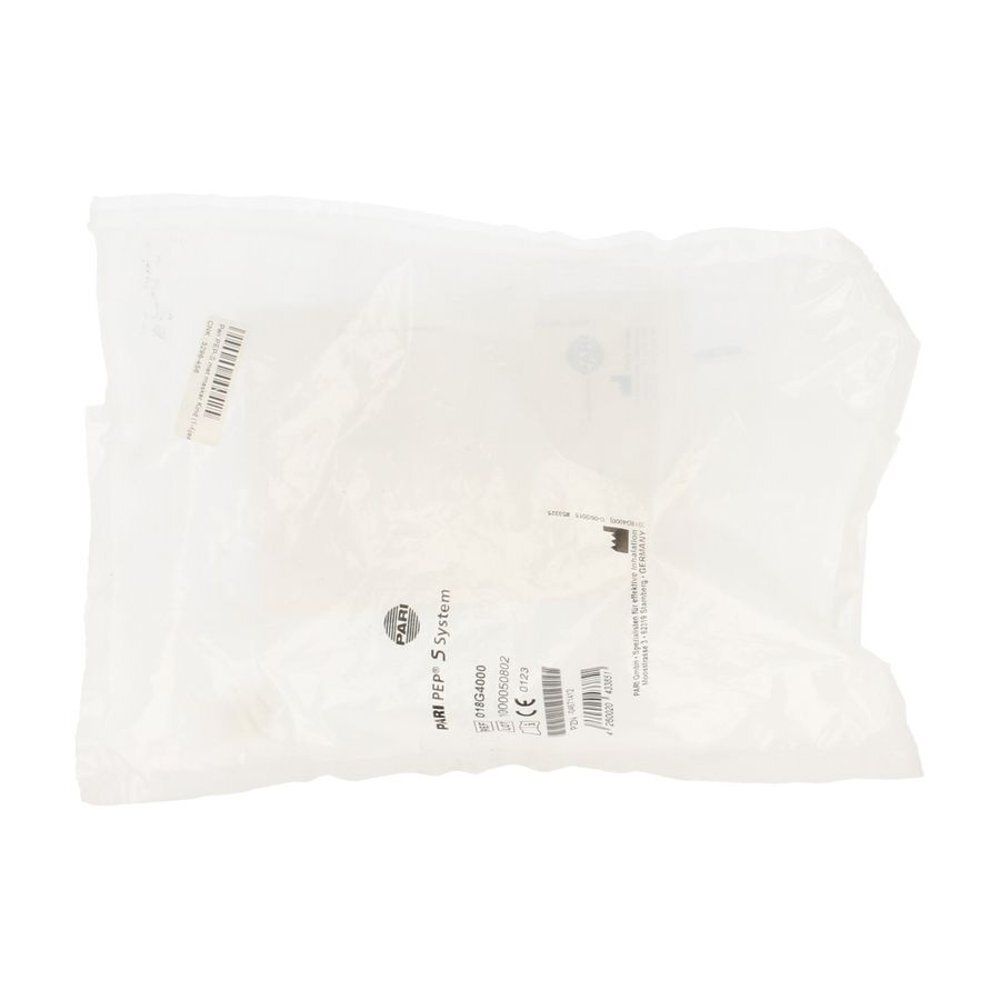 Transparante plastic zak met productinformatie. Logo en productnaam zichtbaar. Etiket met barcode.