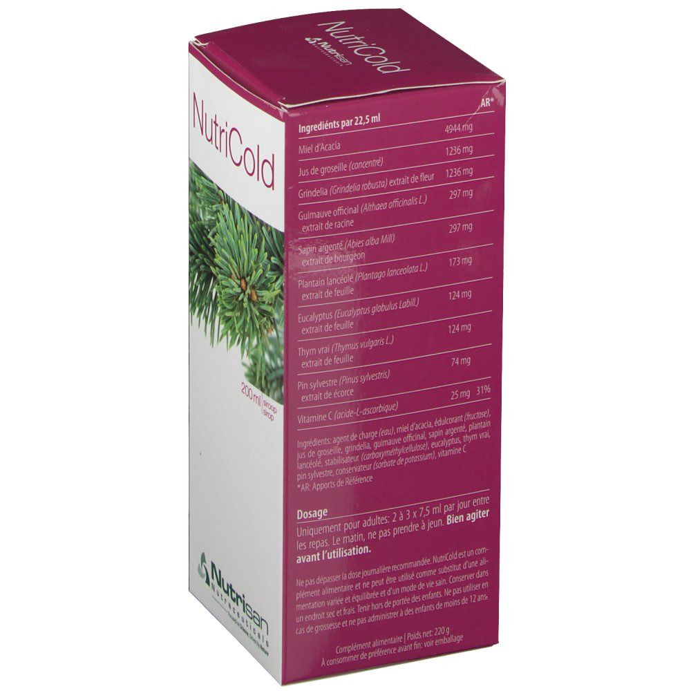 Achterkant NutriCold verpakking met ingrediëntenlijst en dosering. Bevat honing, tijm, vitamine C.
