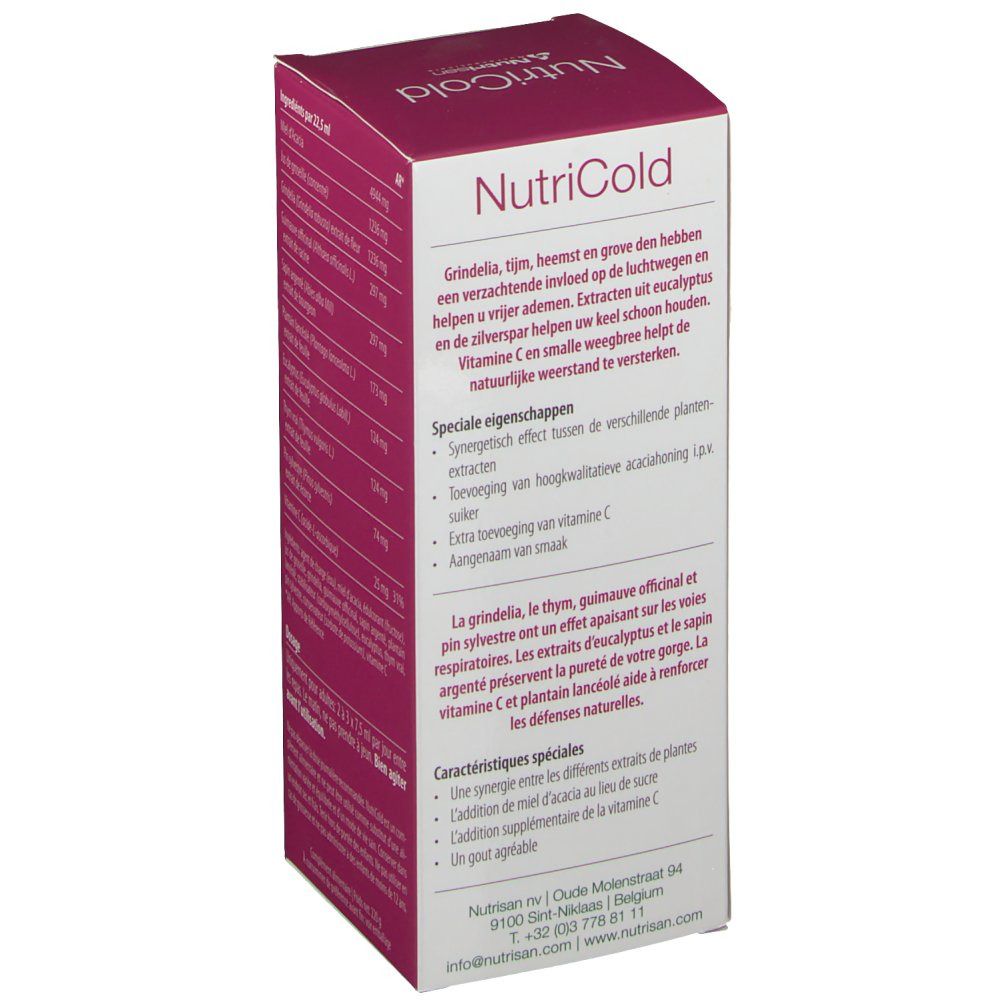 Zijkant NutriCold verpakking met informatie over ingrediënten en eigenschappen. Bevat eucalyptus.