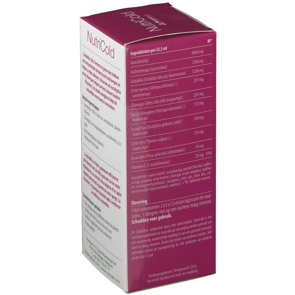Zijkant NutriCold verpakking met ingrediëntenlijst en dosering. Bevat honing, tijm, vitamine C.