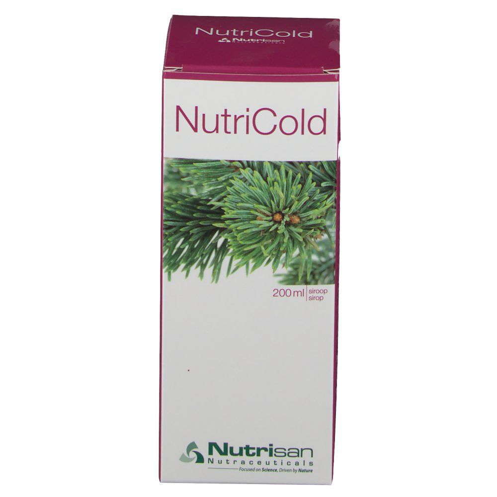 Kartonnen verpakking NutriCold met logo en dennentak. Inhoud 200 ml. Naam en merk zichtbaar.