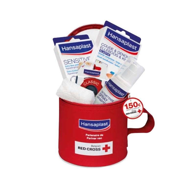 Rode EHBO-set houder met rits, handvat en inhoud: pleisters, spray, verband, gemarkeerd met Hansaplast en Rode Kruis.