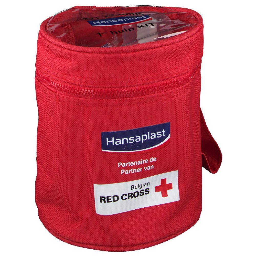 Rode cilindrische EHBO-set houder met rits, handvat en transparant deksel. Het Hansaplast logo en het Rode Kruis zijn zichtbaar.