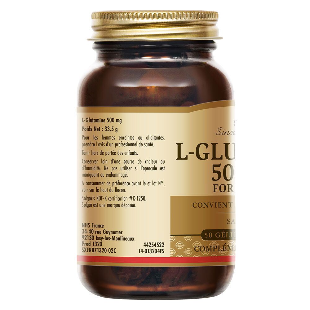 Dos du flacon. Étiquette avec informations sur L-Glutamine 500 mg, ingrédients et fabricant.