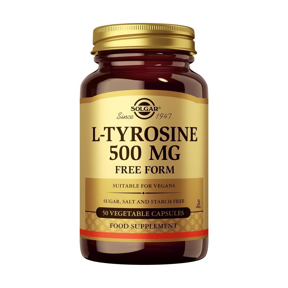 Bruine glazen fles met gouden dop. Etiket met "L-Tyrosine 500 MG" en "50 Vegetable Capsules".