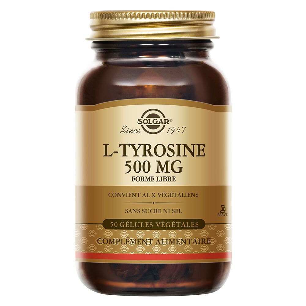 Flacon en verre brun avec bouchon doré. Étiquette avec nom du produit et marque. Contient 50 gélules.