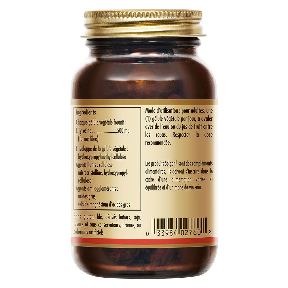 Gros plan de la liste des ingrédients au dos du flacon. Contient de la L-Tyrosine et d'autres ingrédients.