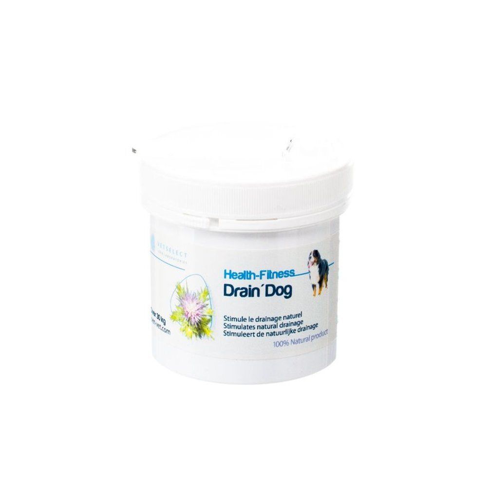 Pot blanc avec couvercle. Inscription "Health-Fitness Drain'Dog". Illustration d'un chien et d'une fleur. Texte multilingue.