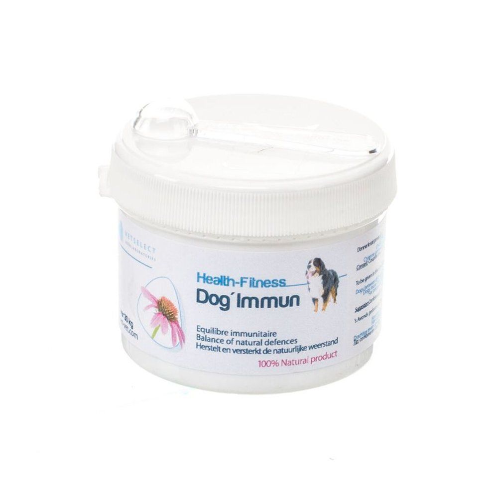Witte pot met deksel en doseerlepel. Opschrift "Dog Immun". Tekst: "Equilibre immunitaire", "Balance of natural defences", "100% Natural product".