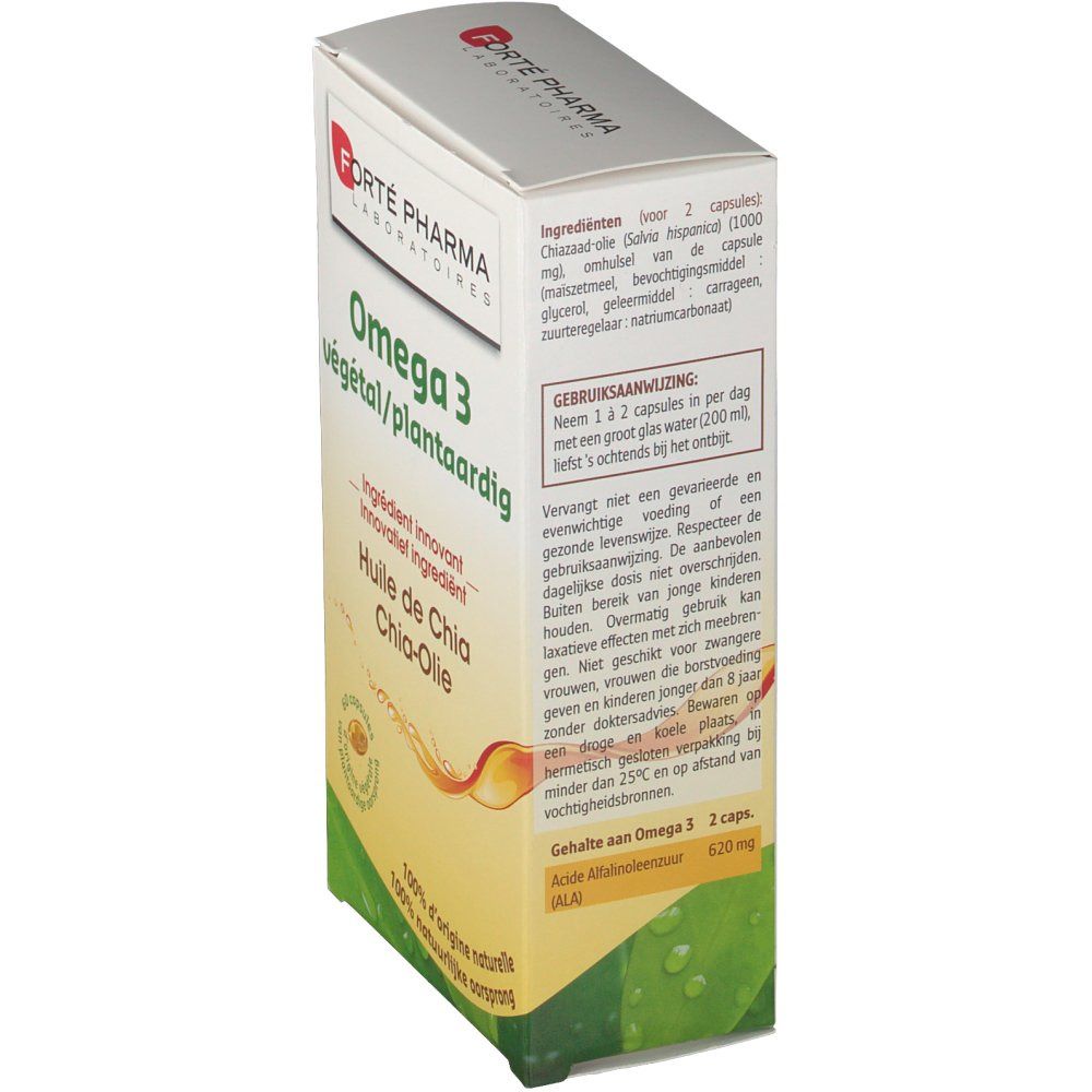 Achterkant doosje Omega 3 plantaardig. Ingrediënten en gebruiksaanwijzing. Merk: Forté Pharma.