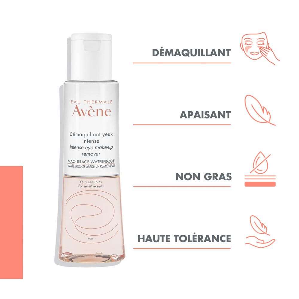 Flacon Avène Démaquillant yeux intense, bouchon blanc. Illustrations et texte.