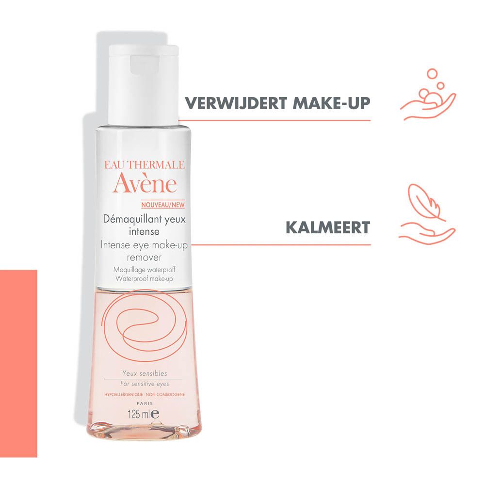 Fles Avène Démaquillant yeux intense met witte dop. Illustraties en tekst.