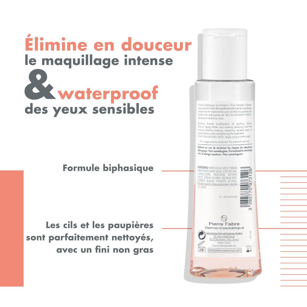 Dos du flacon Avène Démaquillant yeux intense. Texte et code-barres.