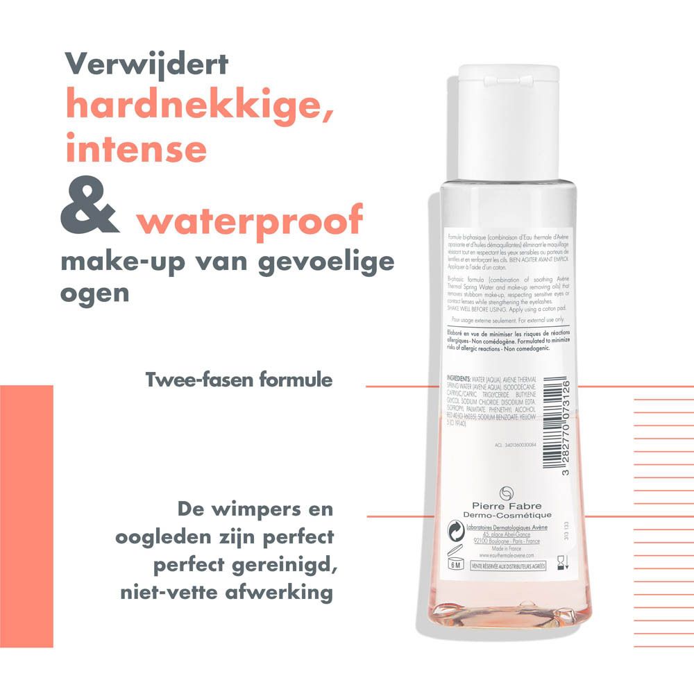 Achterkant van de Avène Démaquillant yeux intense fles. Tekst en barcode.