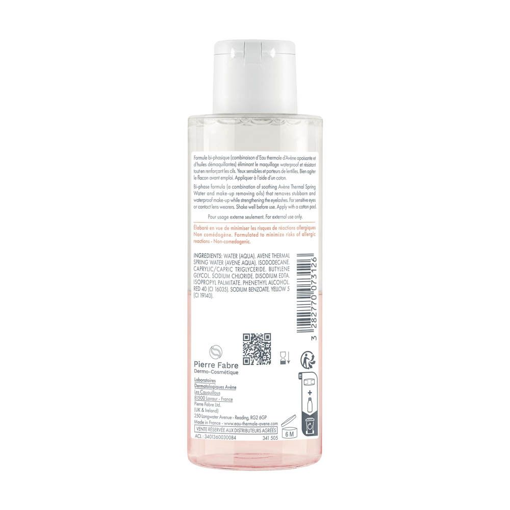Achterkant van de Avène Démaquillant yeux intense fles. Tekst en barcode.