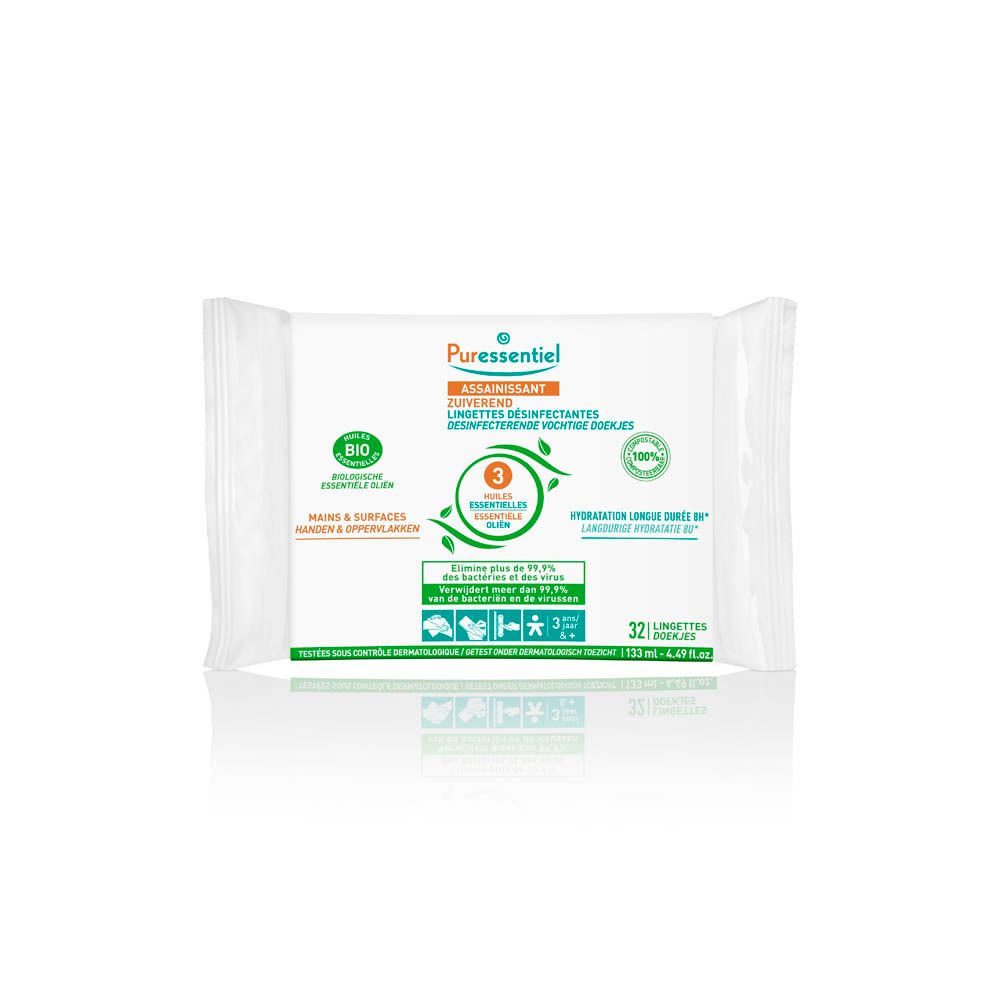 Verpakking desinfecterende doekjes. Tekst: "Puressentiel Assainissant". 32 doekjes. Bio-certificering. Voor handen & oppervlakken.