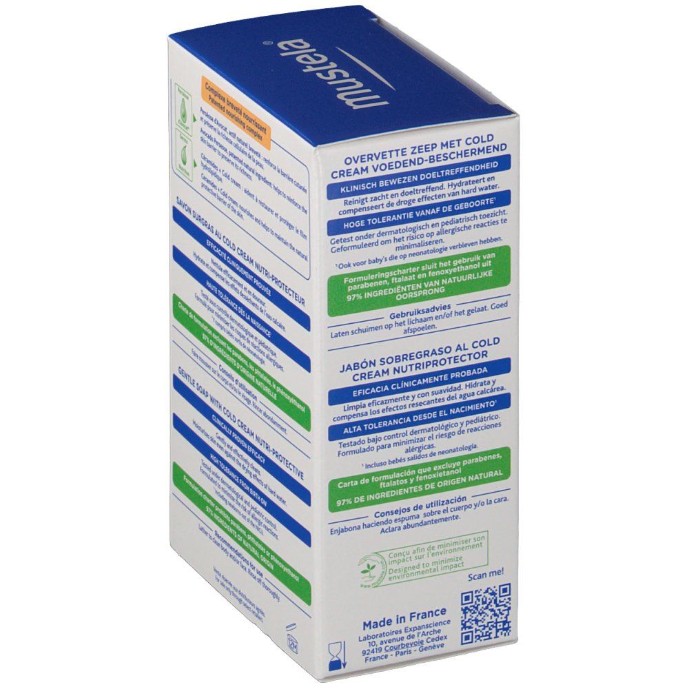 Emballage de savon Mustela. Informations, ingrédients et certifications. Texte multilingue.