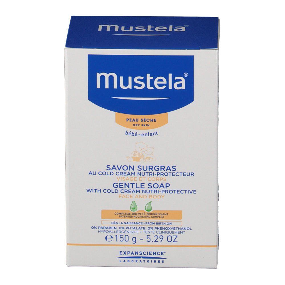Savon Mustela pour peau sèche. Face avant de l'emballage. Nom du produit, logo, texte et poids.