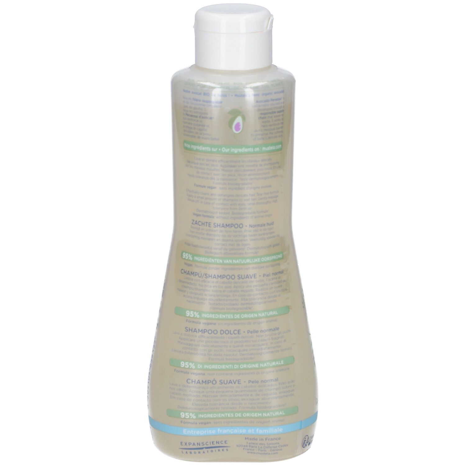 Dos du flacon de shampooing Mustela®. Bouchon blanc, liquide clair. Inscriptions: Shampooing Doux, Gentle Shampoo, 95% ingrédients d'origine naturelle.