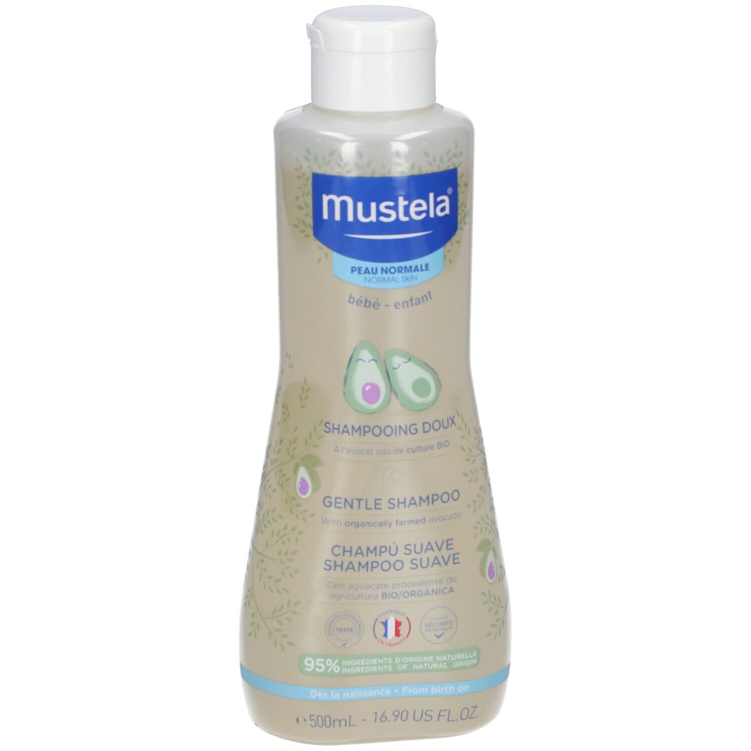 Flacon de shampooing Mustela®, bouchon blanc, liquide clair. Inscriptions: Peau Normale, Bébé-enfant, Shampooing Doux, Gentle Shampoo.