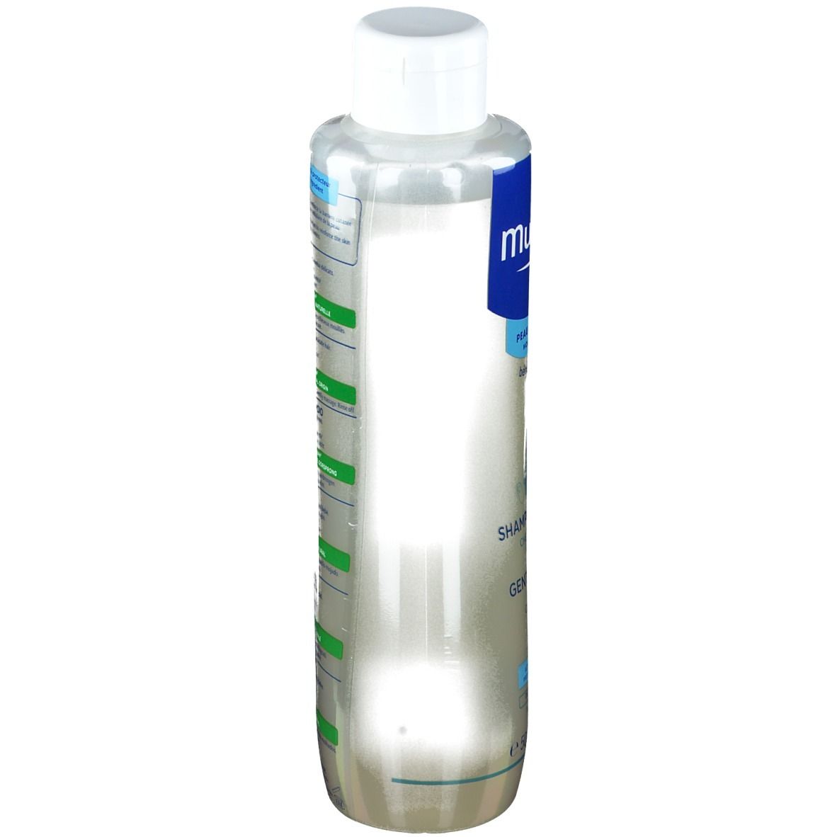 Flacon de shampooing Mustela®, vue latérale. Bouchon blanc, liquide transparent. Inscriptions: Mustela, Shampooing Doux, Gentle Shampoo.
