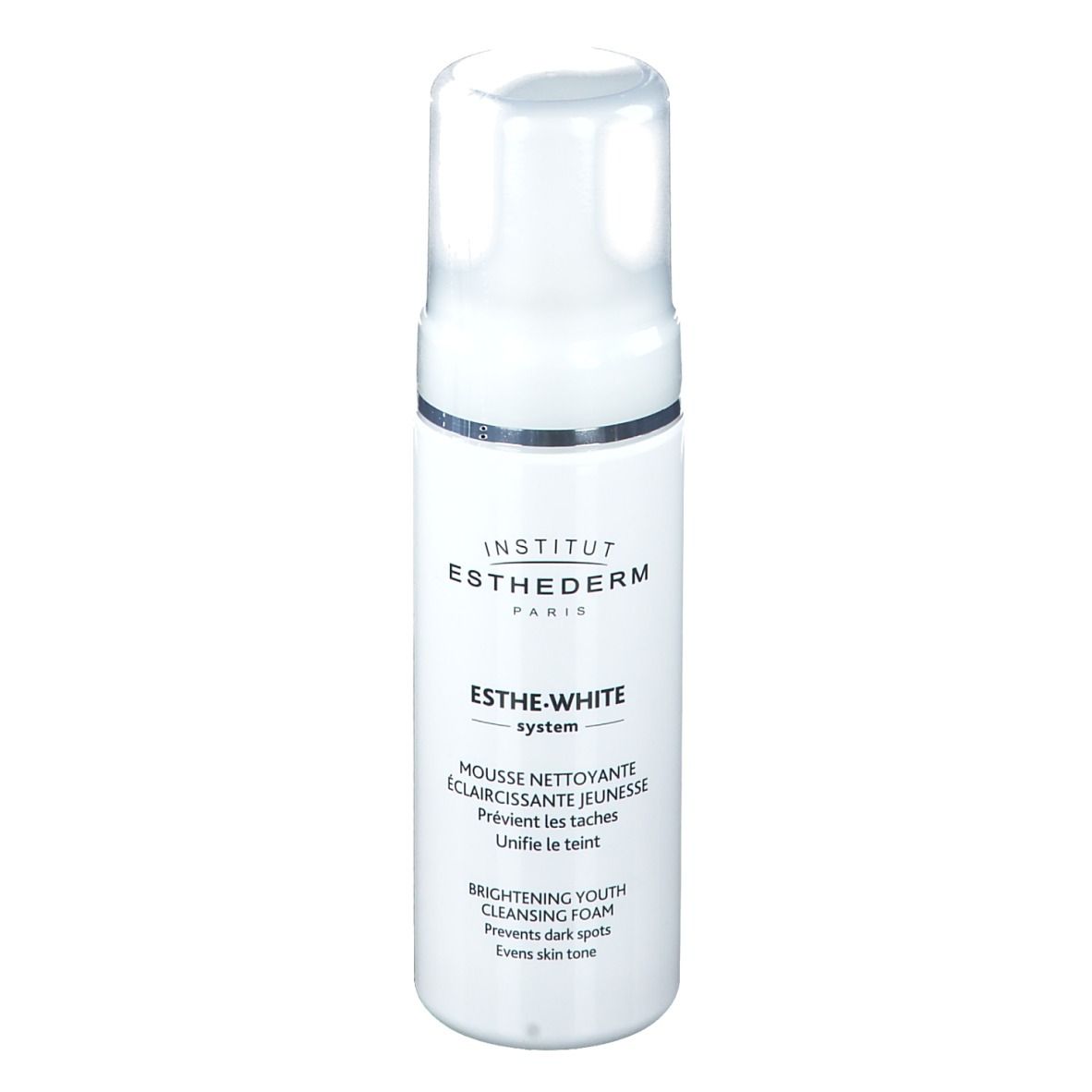 Flacon blanc INSTITUT ESTHEDERM. Texte: Esthe-White System, Mousse nettoyante. Bouchon transparent.