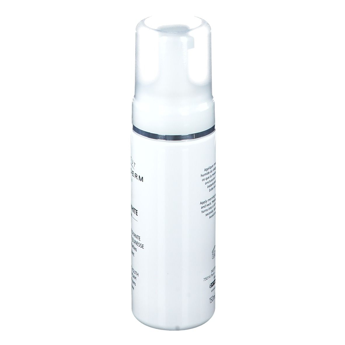 Flacon blanc INSTITUT ESTHEDERM. Texte: Esthe-White System, Mousse nettoyante. Vue latérale. Bouchon clair.