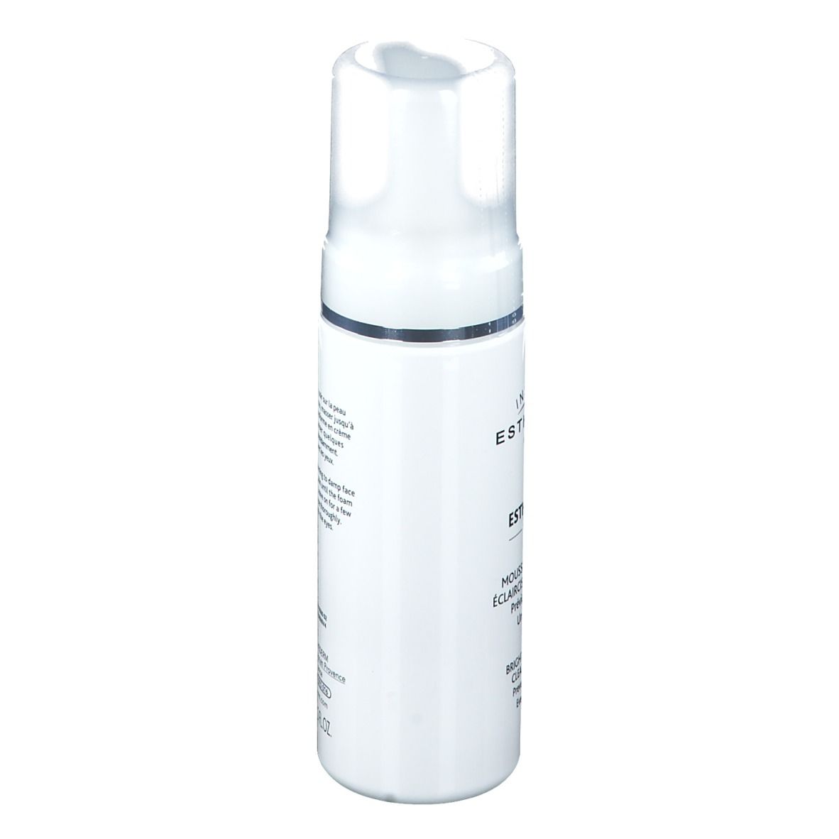 Flacon blanc INSTITUT ESTHEDERM. Texte: Esthe-White System, Mousse nettoyante. Vue latérale. Bouchon clair.
