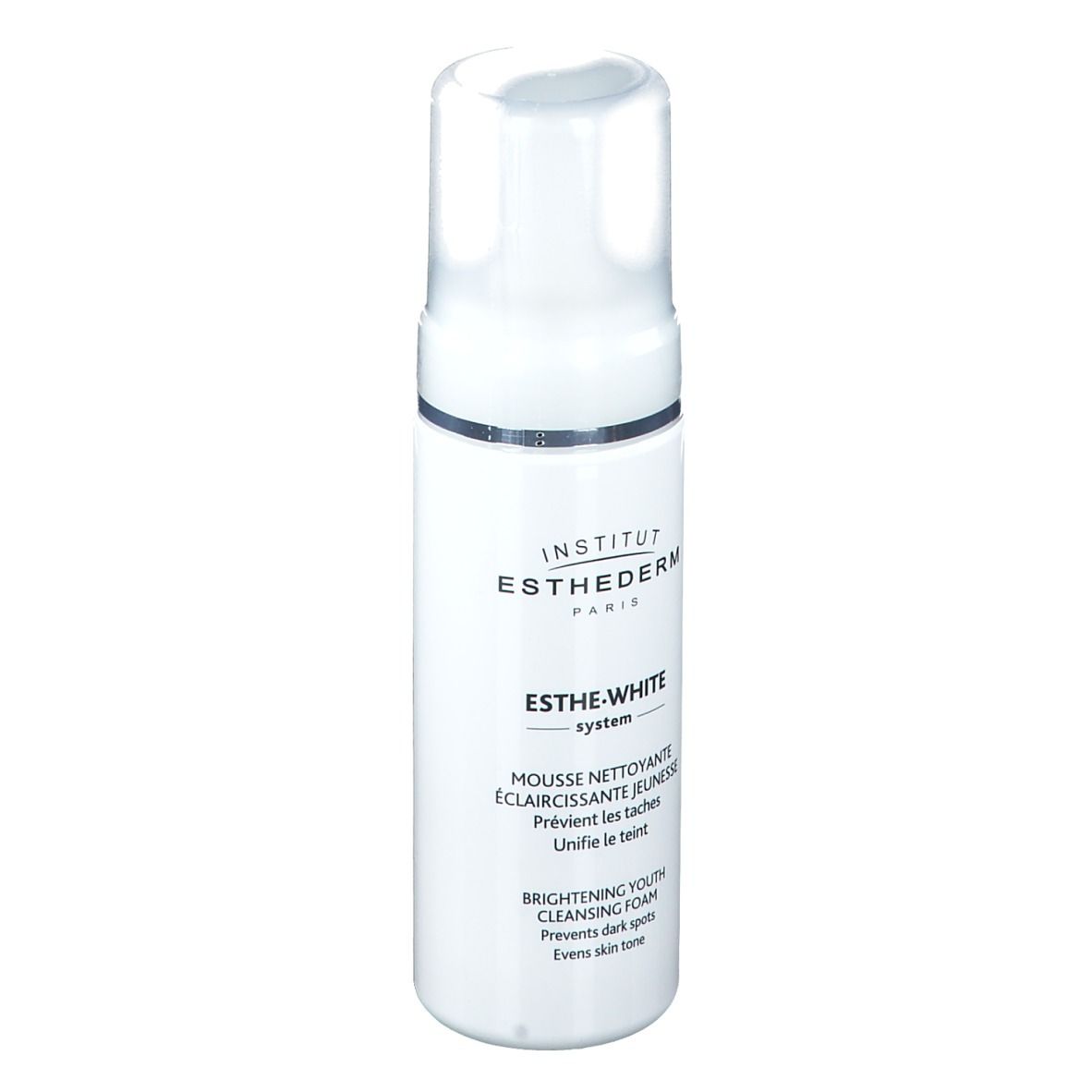 Flacon blanc INSTITUT ESTHEDERM. Texte: Esthe-White System, Mousse nettoyante. Bouchon transparent.