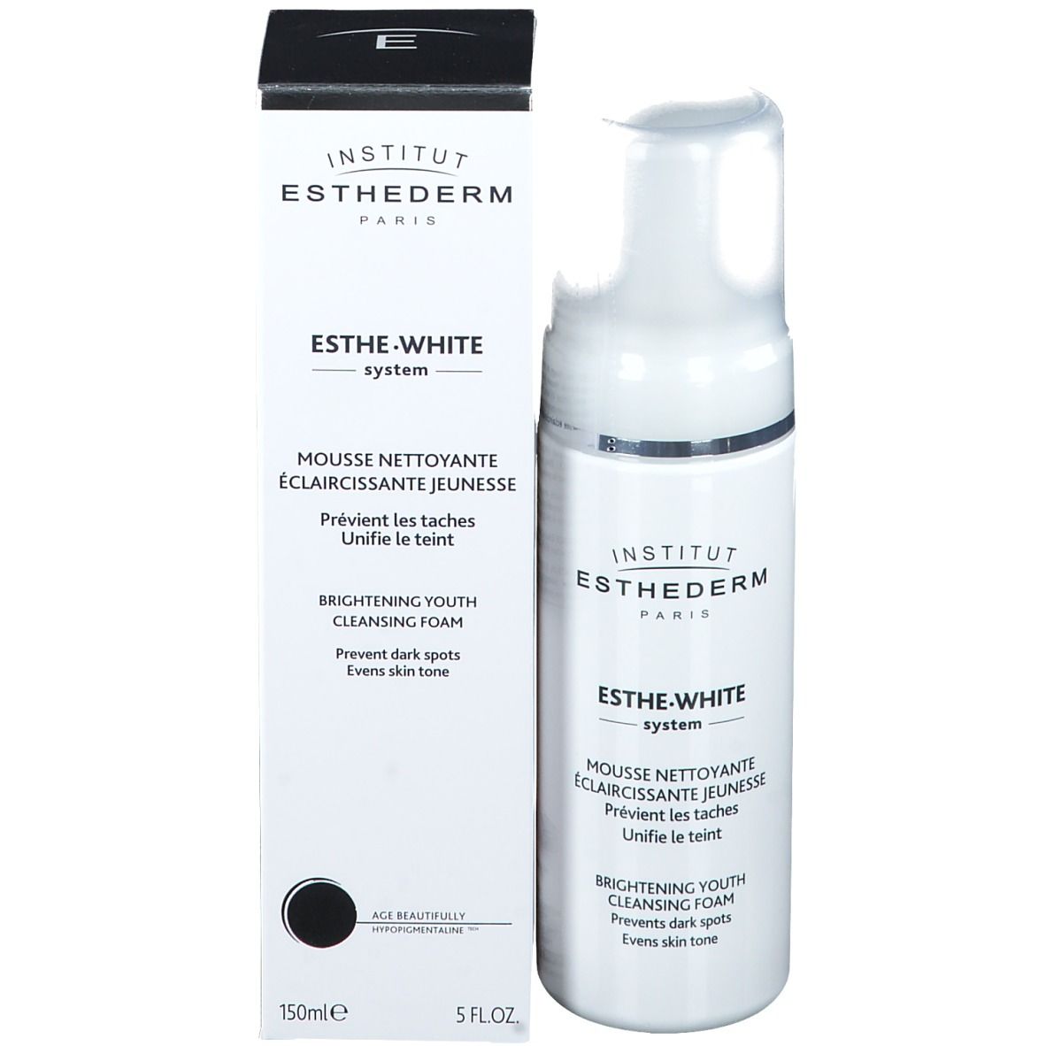 Produit et emballage. INSTITUT ESTHEDERM Esthe-White System Mousse nettoyante. Flacon et boîte blancs.