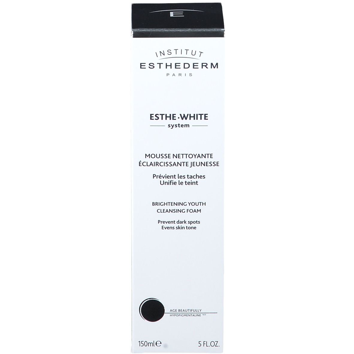 Emballage blanc et haut. INSTITUT ESTHEDERM Esthe-White System. Texte: Mousse nettoyante. Couvercle noir.