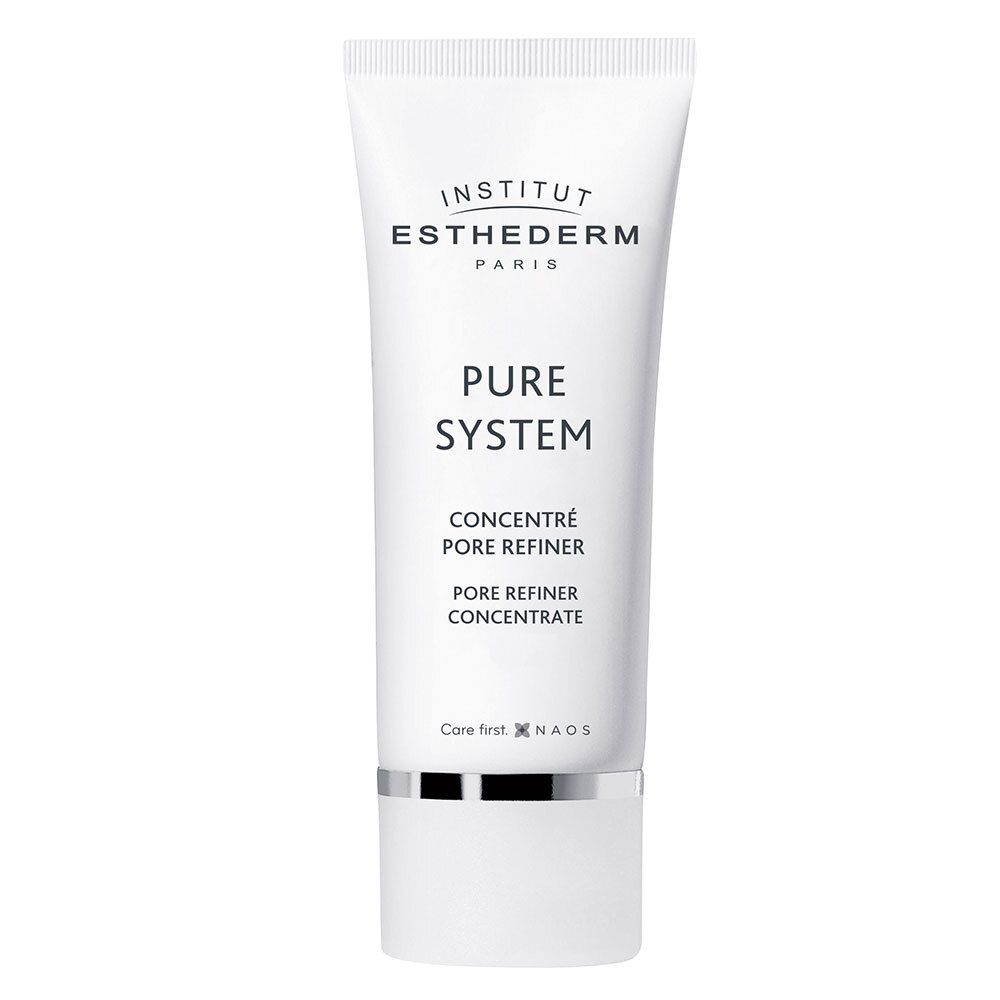 Tube blanc avec texte. INSTITUT ESTHEDERM PARIS, PURE SYSTEM, Concentré pore refiner.