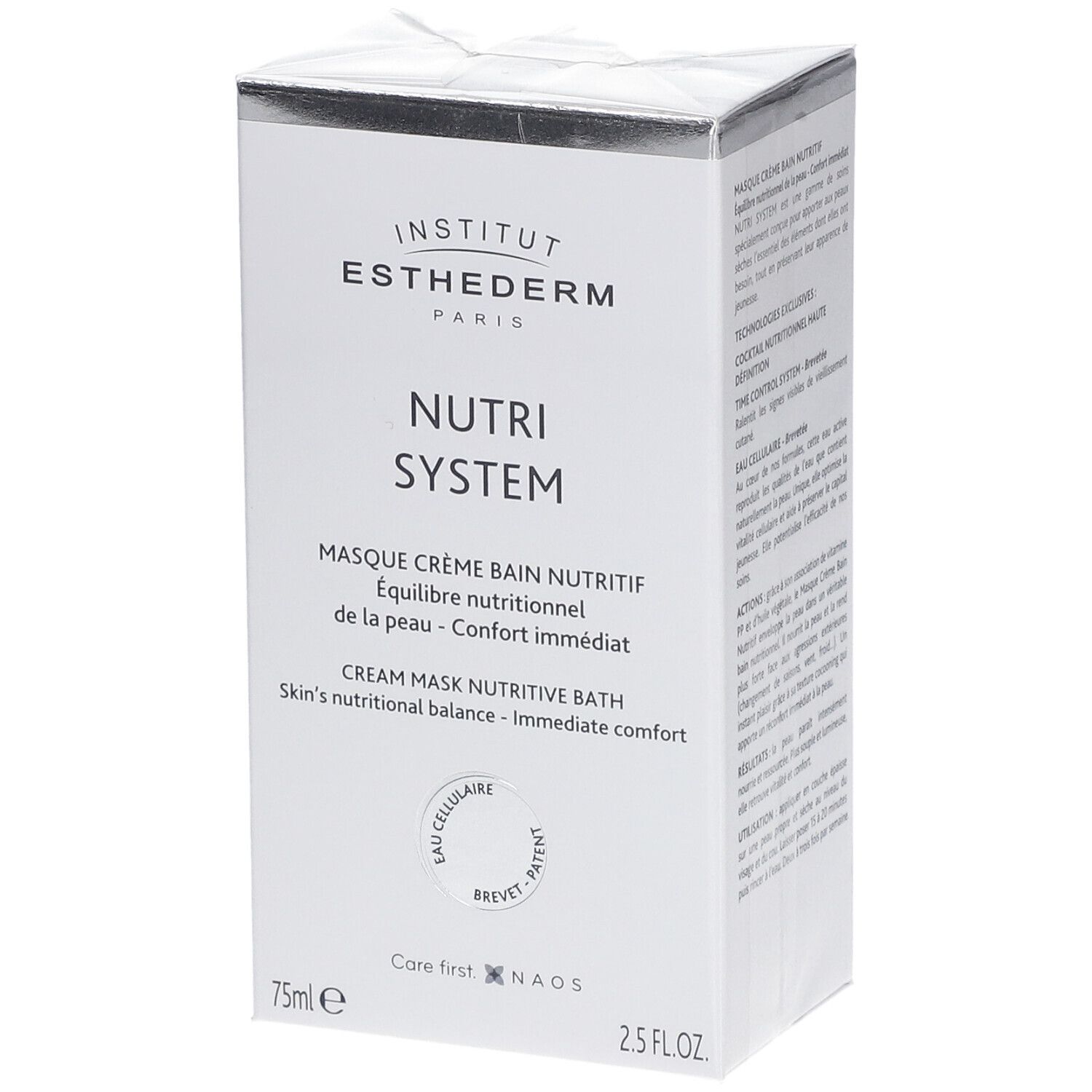 Witte doos met productnaam en logo. Tekst: Nutri System, Masque Crème Bain Nutritif. 75ml, 2.5 FL.OZ.