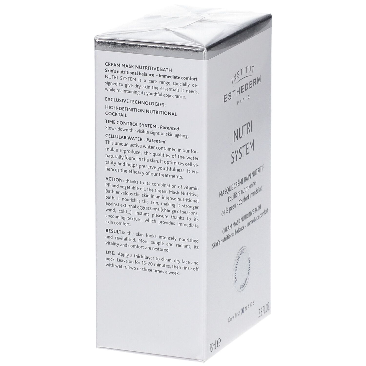 Witte doos, tekst op de zijkant: Creme Mask Nutritive Bath, exclusieve technologieën, Time Control System, Cellular Water.