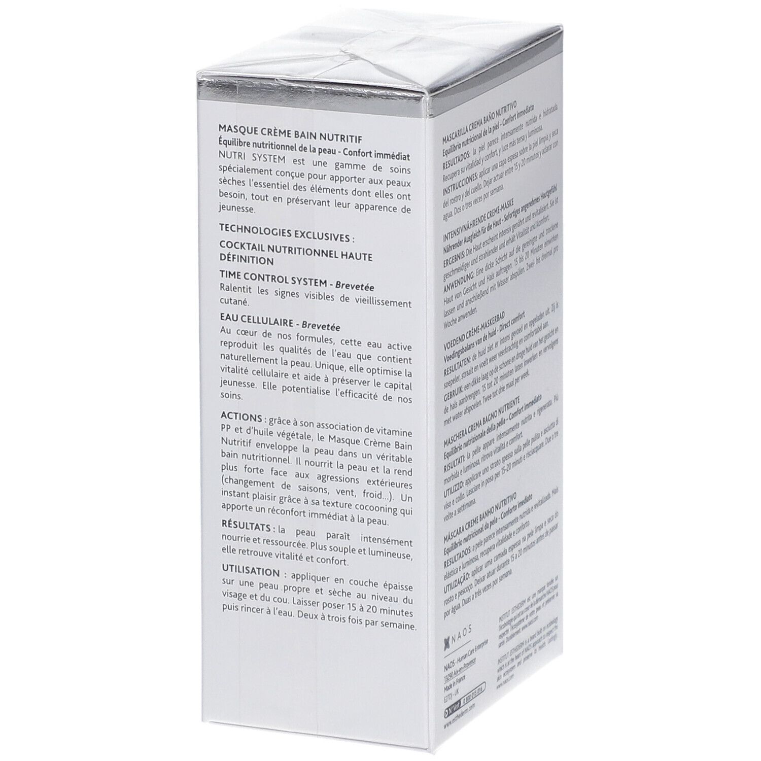 Witte doos, tekst op de zijkant: Masque Crème Bain Nutritif, exclusieve technologieën, Time Control System, Cellular Water.