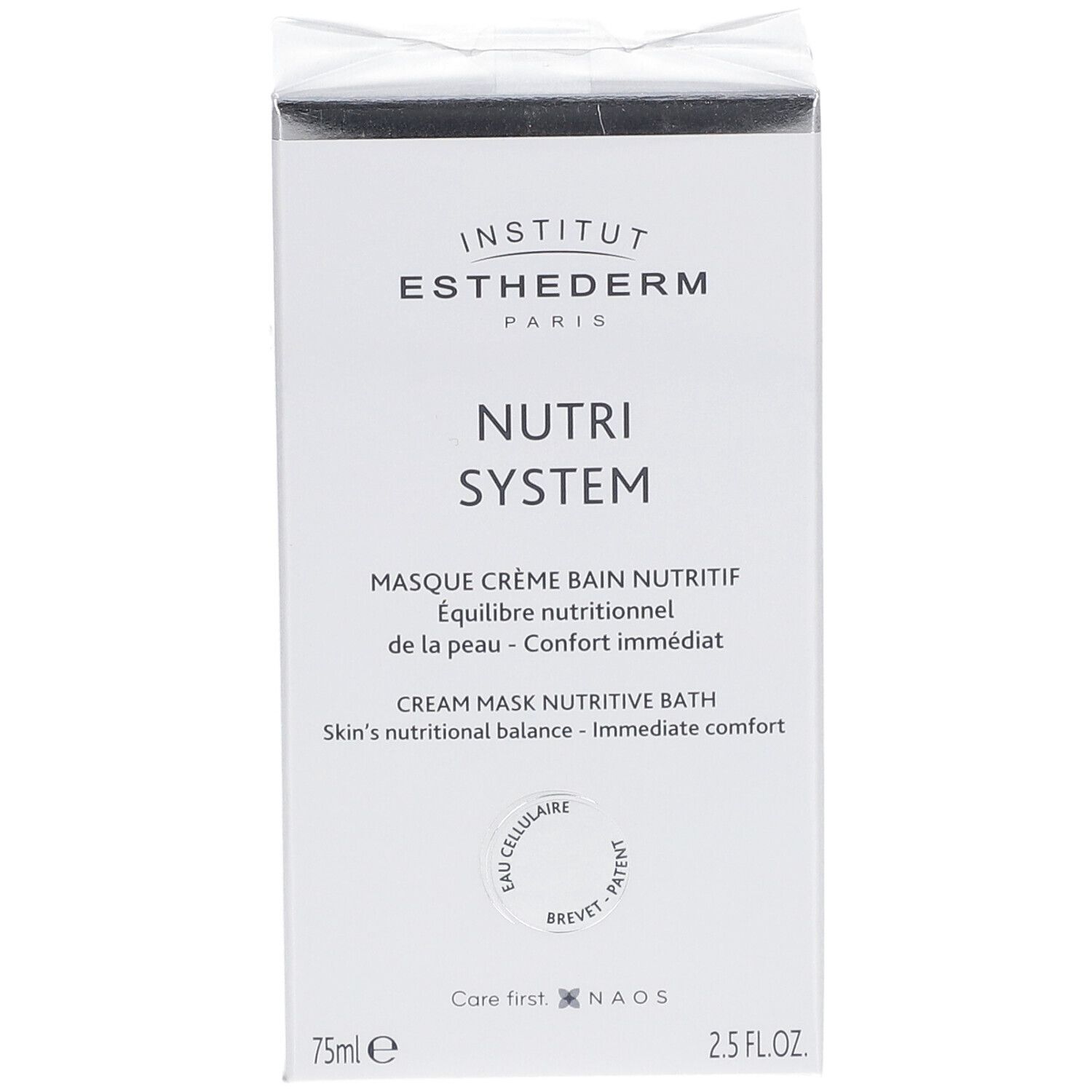 Witte doos met productnaam en logo. Tekst: Nutri System, Masque Crème Bain Nutritif. 75ml, 2.5 FL.OZ.