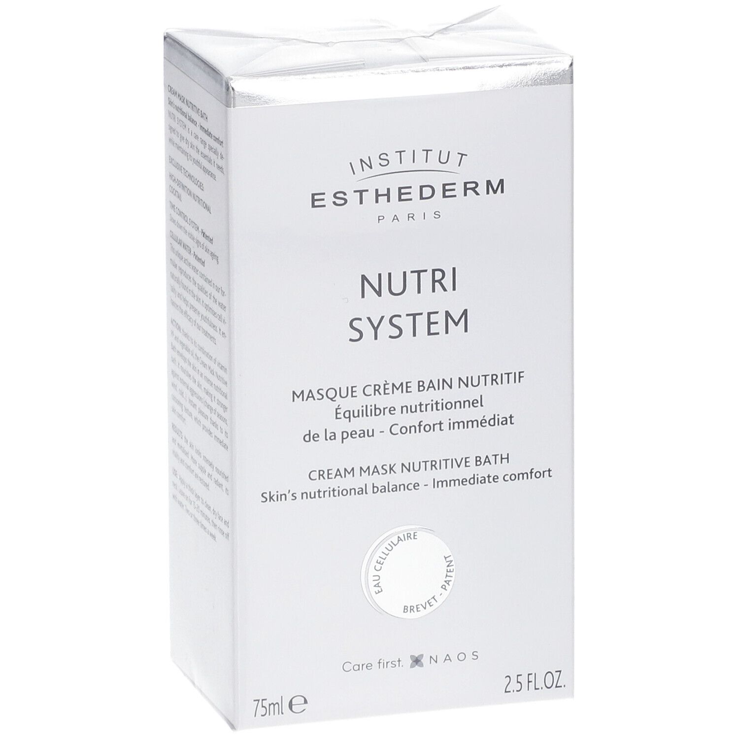 Witte doos met productnaam en logo. Tekst: Nutri System, Masque Crème Bain Nutritif. 75ml, 2.5 FL.OZ.