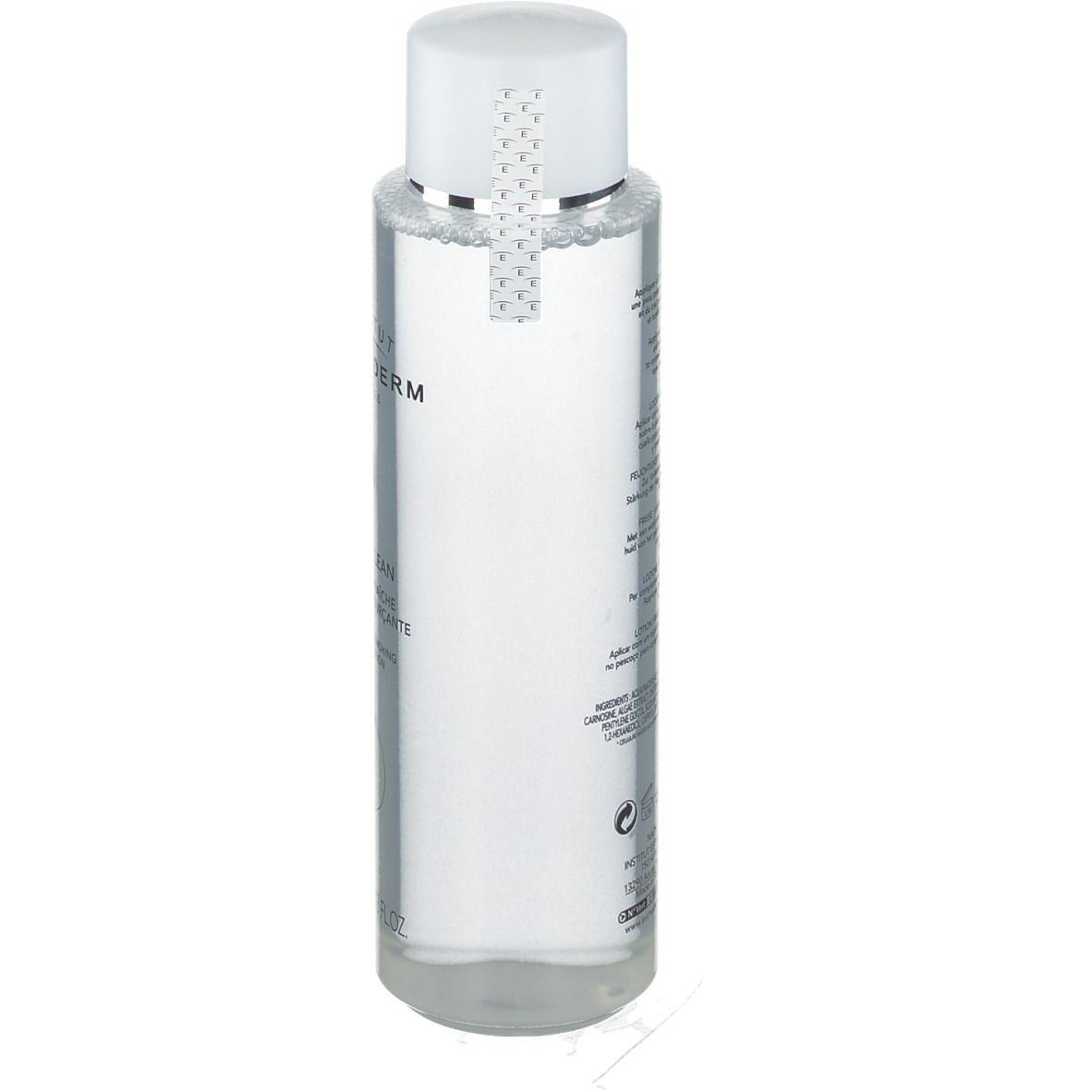 Transparante fles met witte dop. Etiket met tekst. INSTITUT ESTHEDERM zichtbaar. Fles staat op witte achtergrond.