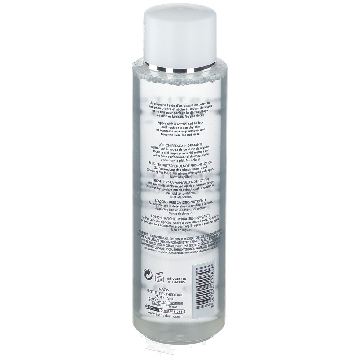 Transparante fles met witte dop. Etiket met tekst. INSTITUT ESTHEDERM zichtbaar. Fles staat op witte achtergrond.