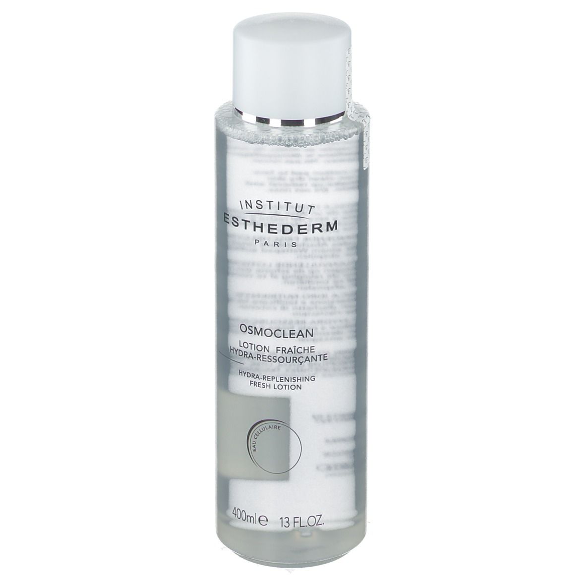 Transparante fles met witte dop. Etiket met tekst. INSTITUT ESTHEDERM en OSMOCLEAN zichtbaar. Fles staat rechtop.