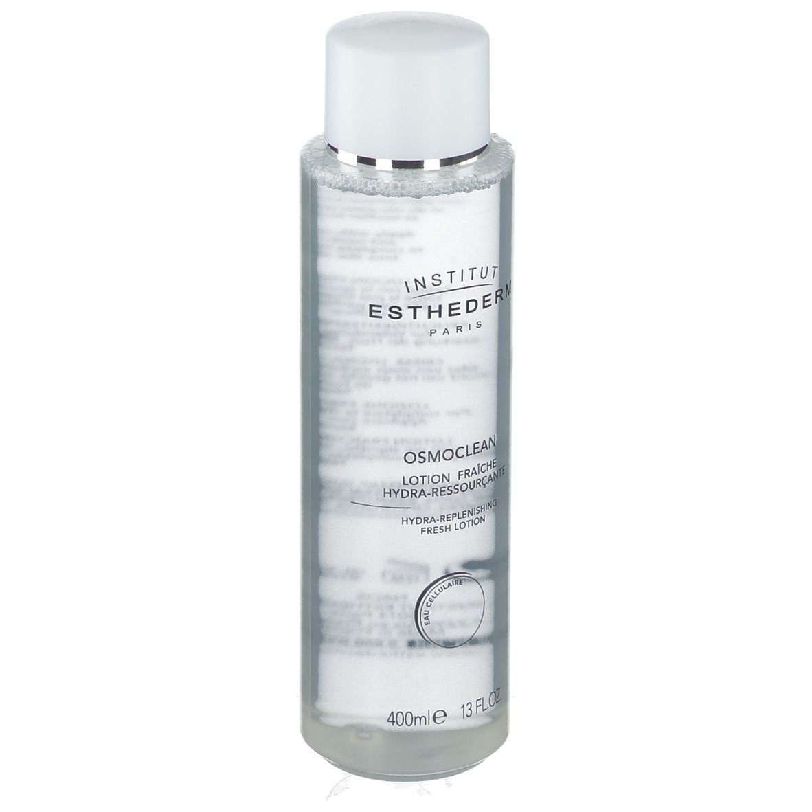 Transparante fles met witte dop. Etiket met tekst. INSTITUT ESTHEDERM en OSMOCLEAN zichtbaar. Fles staat rechtop.