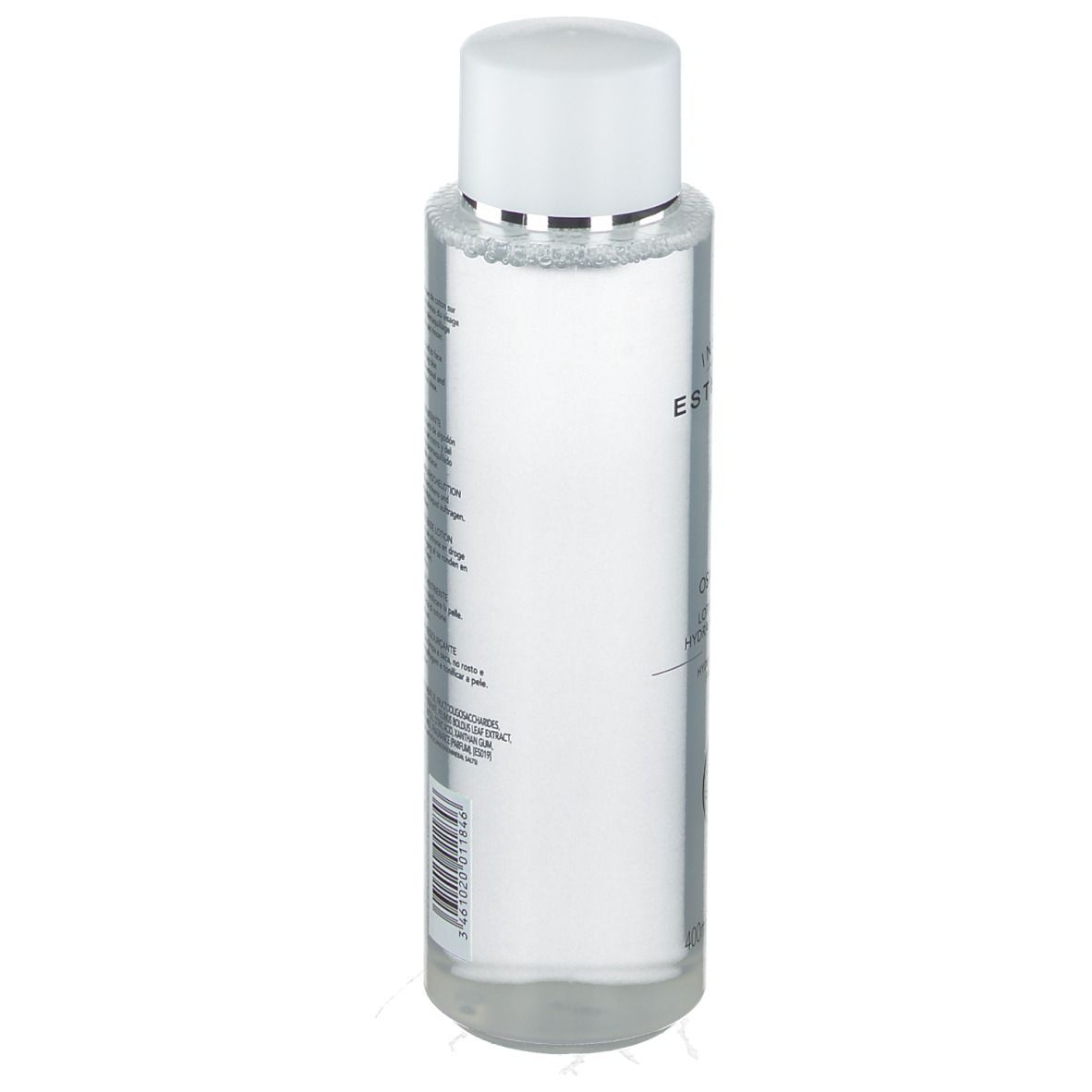 Transparante fles met witte dop. Etiket met tekst. INSTITUT ESTHEDERM zichtbaar. Fles staat op witte achtergrond.